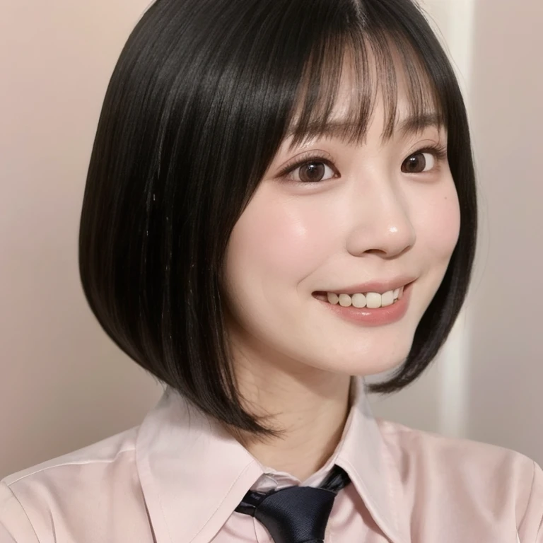 (kawaii 24year-old Japanese girl, Nogizaka idol, Korean idol), (glossy black hair, medium bob cut:1.3), (rounded face, black eyes, single eyelid, no makeup, big laughing:1.2), (wearing light pink collared shirt, necktie:1.3), (flat chest, extra small breasts:0.8), (looking at something out of frame:1.2), BREAK, (sunny day outside background:1.3), (vertical shot, profile, close shot:1.3), BREAK, (masterpiece, best quality, photo realistic, official art:1.4), (UHD, 8K quality wallpaper, high resolution, raw photo, golden ratio:1.3), (shiny skin), professional lighting, physically based rendering, award winning, (perfect anatomy, highly detailed skin, extremely detailed face and eyes:1.2), Carl Zeiss 85 mm F/1.4, depth of field, 1girl, solo,