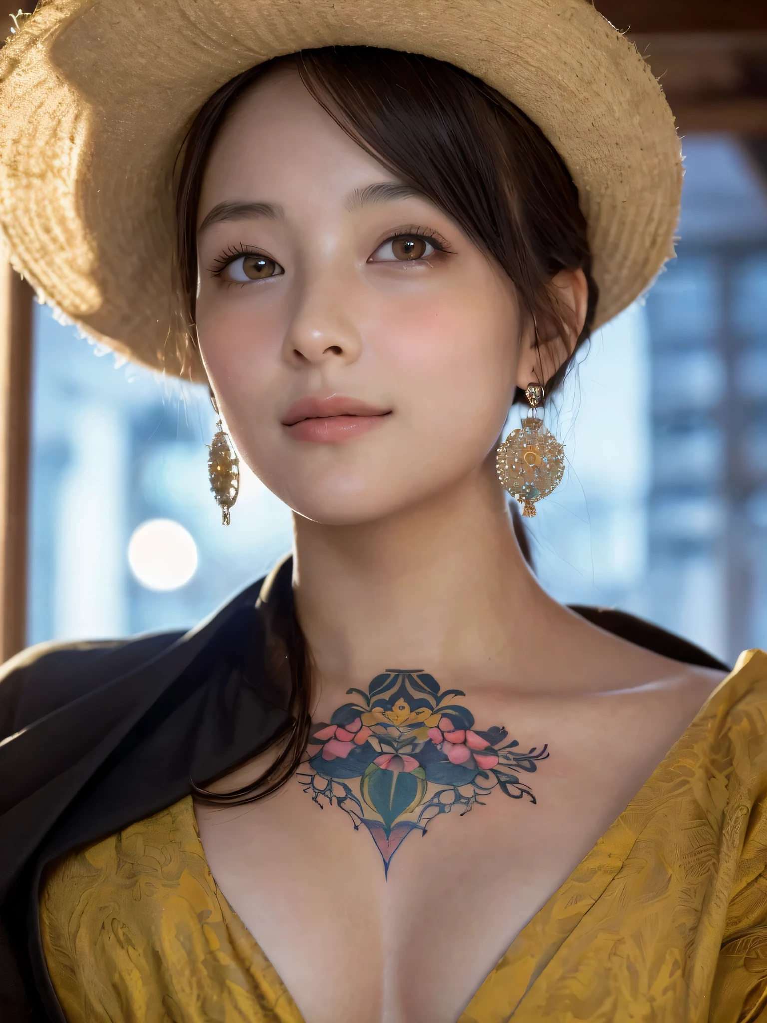 (sfw:1.5)、High resolution symmetrical images, Girl and Horihada, Yakuza, Japanese Mafia, Movie photo of Japanese cartel leader with tattoos on waist, chest and arms, Cleavage、((Close-up face:1.8))、Upper body portrait、(((Full body tattoos)))、 (Lotus tattoo)、 ((Close-up chest:1.5, Underarm, 胸のAngle from below)), Blonde braids, short hair, ((Art Nouveau)), (??????? Face), (Alphonse Mucha), Small earrings, ((on the road, wood, Buildings in medieval Europe)), Angle from below、(Anatomically correct)、（Perfect body proportions)、(Natural Hands、Natural Fingers)、(Breast Goddess, Woman born from flowers, ((Round face)), Realistic Eye Size, Droopy eyes, smile,I&#39;m bathed in dazzling light