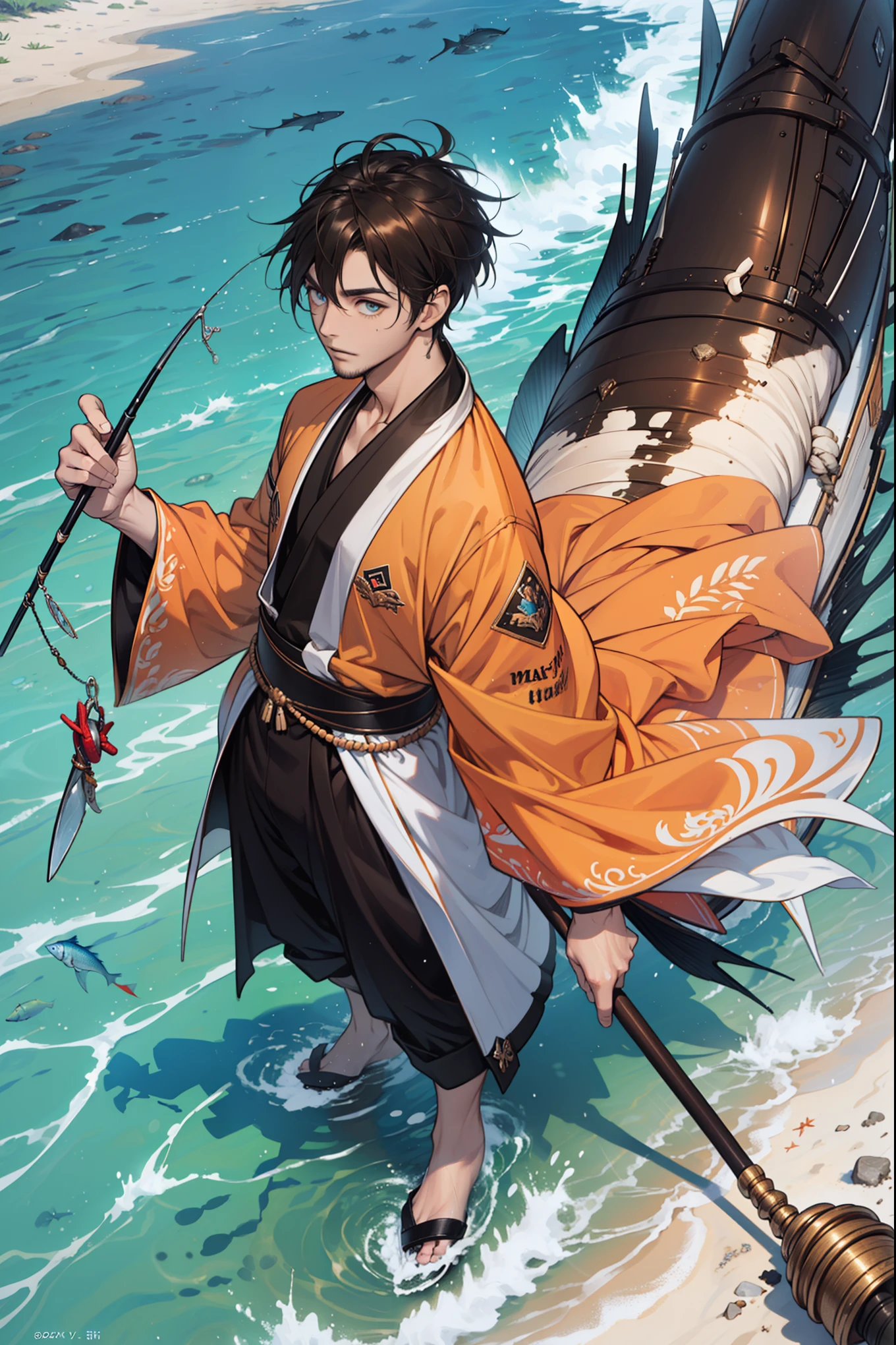 (Best quality, A high resolution, Textured skin, High quality, High details, Extremely detailed CG unity), (male), handsome male, short hair, buzz cut hair, beard, brown hair, Enchanted,having fun, fisherman in fantasy world, exquisite costumes,solo person, day, Dazzle, male, handsome, (beach), (in water), more details, detailed art studio scene, art studio detailed, (holding fish:1), fishing materials, fishing tools, in a boat, in the water, beach, sunny, bright, sea animals, fish everywhere, big fish, small fish, clear blue water