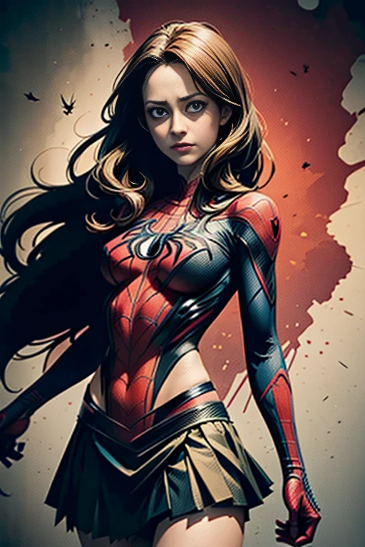 Amy Acker、stick out the navel、new york、She&#39;s wearing a torn Spider-Man suit,Wearing a skirt、 Red and black color scheme,dynamic、masterpiece、highest quality、Ultra-detailed、Very detailed、Beautiful sparkle in the details、超A high resolution