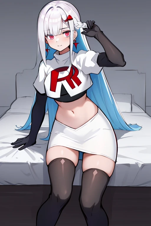 1 girl, alone ,hair covers one eye, hair ornaments ,earrings ,team rocket,team rocket uniform,white skirt,red letter R,crop top,black thigh-highs,black elbow gloves