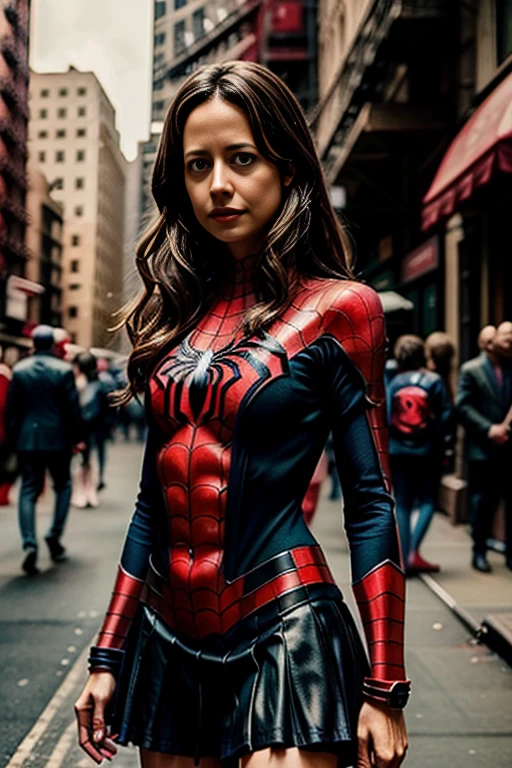 Amy Acker、stick out the navel、new york、She's wearing a torn Spider-Man suit,Wearing a skirt、 Red and black color scheme,dynamic、masterpiece、highest quality、Ultra-detailed、Very detailed、Beautiful sparkle in the details、超A high resolution