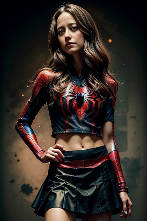 Amy Acker、stick out the navel、new york、She's wearing a torn Spider-Man suit,Wearing a skirt、 Red and black color scheme,dynamic、masterpiece、highest quality、Ultra-detailed、Very detailed、Beautiful sparkle in the details、超A high resolution