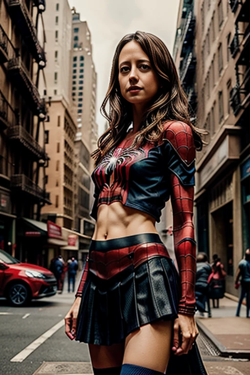 Amy Acker、stick out the navel、new york、She&#39;s wearing a torn Spider-Man suit,Wearing a skirt、 Red and black color scheme,dynamic、masterpiece、highest quality、Ultra-detailed、Very detailed、Beautiful sparkle in the details、超A high resolution