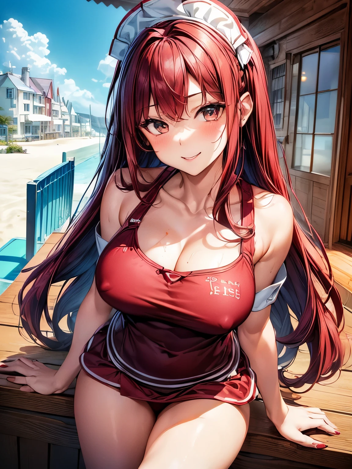 highest quality、Nice sexy body、One Woman、(solo)、((Beautiful busty woman:1.6))、(((Woman with dark red hair:1.3)))、Long hair woman、(((A woman wearing a beach house waitress uniform:1.3)))、smile