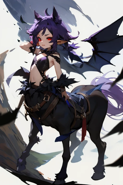 Male demon  Centaur、Black clotheauve Skin、Purple hair、Flat chest、、Black conjunctiva、black sclera、