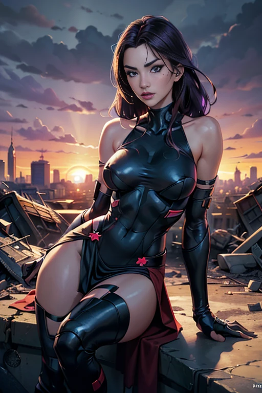 Anne Hathaway、Torn Suit、I'm wearing a skirt、masterpiece, 1 Girl, マーベルのサイロックとしてbeautiful女性, Psylocke Cosplay from X-Men、Purple Suit、Fine and delicate features, Futuristic New York Background, Science fiction, blonde, Super Heroine, heroic, Perfect balance, photograph, 超Realistic, masterpiece, 8k, large format camera, 110mm lens, Dynamic Lighting, Rim lighting、Official Art, extremely detailed CG 8K wallpaper, perfect Lighting, De color, bright_amount_method_Light, piel bright, (masterpiece:1.0), (Better_quality:1.0), Ultra-high resolution, 4k , Very detailed, Director of Photography, 8K, HDR, Altas ResoLightones, (Confused:1.2), Kodak Portrait 400, Film Grain, Blurred Background, (Bokeh:1.2), Lens flare, (Vibrant_color:1.2), プロのphotograph撮影, (beautiful_method:1.5),More detailed 8K.Unreal Engine:1.4,Hmm.,La Better calidad:1.4, Realistic:1.4, Skin temperature:1.4, masterpiece:1.8,masterpiece, Better calidad,Object Object], (Detailed facial features:1.3),(Anti-sedentary apocalyptic destroyed city:1.4), (Apocalyptic Sunset:1.4)