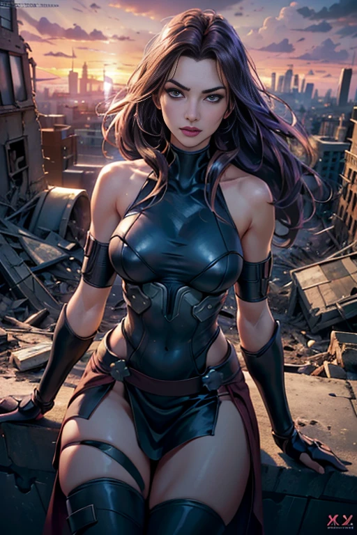 Anne Hathaway、Torn Suit、I'm wearing a skirt、masterpiece, 1 Girl, マーベルのサイロックとしてbeautiful女性, Psylocke Cosplay from X-Men、Purple Suit、Fine and delicate features, Futuristic New York Background, Science fiction, blonde, Super Heroine, heroic, Perfect balance, photograph, 超Realistic, masterpiece, 8k, large format camera, 110mm lens, Dynamic Lighting, Rim lighting、Official Art, extremely detailed CG 8K wallpaper, perfect Lighting, De color, bright_amount_method_Light, piel bright, (masterpiece:1.0), (Better_quality:1.0), Ultra-high resolution, 4k , Very detailed, Director of Photography, 8K, HDR, Altas ResoLightones, (Confused:1.2), Kodak Portrait 400, Film Grain, Blurred Background, (Bokeh:1.2), Lens flare, (Vibrant_color:1.2), プロのphotograph撮影, (beautiful_method:1.5),More detailed 8K.Unreal Engine:1.4,Hmm.,La Better calidad:1.4, Realistic:1.4, Skin temperature:1.4, masterpiece:1.8,masterpiece, Better calidad,Object Object], (Detailed facial features:1.3),(Anti-sedentary apocalyptic destroyed city:1.4), (Apocalyptic Sunset:1.4)