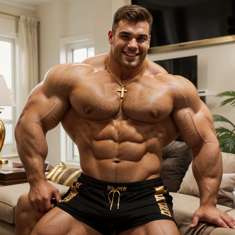 a very handsome, sweet and truly massive monster Caucasian bodybuilder is showing off his huge bicep muscles and meaty thighs. Smiling young adult. brown hair, powerfully muscled, massive shoulders and biceps. well-defined six pack. Exceptionally thick gold cross necklace. Black shorts. Living room scene