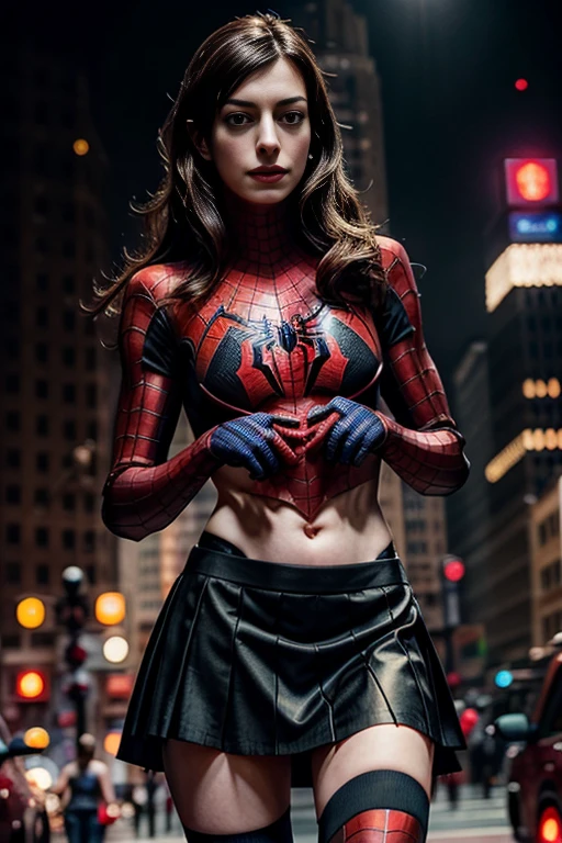 Anne Hathaway、stick out the navel、new york、She&#39;s wearing a torn Spider-Man suit,Wearing a skirt、 Red and black color scheme,dynamic、masterpiece、highest quality、Ultra-detailed、Very detailed、Beautiful sparkle in the details、超A high resolution