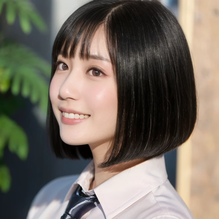 (kawaii 24year-old Japanese girl, Nogizaka idol, Korean idol), (glossy black hair, medium bob cut:1.3), (rounded face, black eyes, single eyelid, no makeup, big laughing:1.2), (wearing light pink collared shirt, necktie:1.3), (flat chest, extra small breasts:0.8), (looking at something out of frame:1.2), BREAK, (sunny day outside background:1.3), (vertical shot, profile, close shot:1.3), BREAK, (masterpiece, best quality, photo realistic, official art:1.4), (UHD, 8K quality wallpaper, high resolution, raw photo, golden ratio:1.3), (shiny skin), professional lighting, physically based rendering, award winning, (perfect anatomy, highly detailed skin, extremely detailed face and eyes:1.2), Carl Zeiss 85 mm F/1.4, depth of field, 1girl, solo,