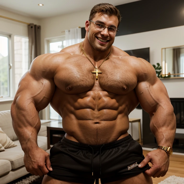 Nerdy glasses. a very handsome, sweet and truly massive monster Caucasian bodybuilder is showing off his huge bicep muscles and meaty thighs. Smiling young adult. brown hair, powerfully muscled, massive shoulders and biceps. well-defined six pack. Exceptionally thick gold cross necklace. Black shorts. Living room scene