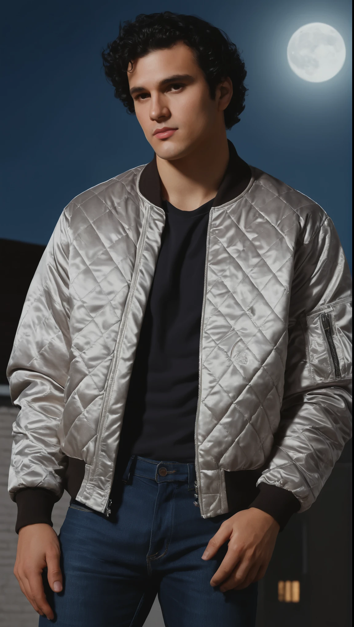 An illustrated movie poster, hand-drawn, full color, a vigilante man, 30 years-old, wearing a diamond quilted satin bomber jacket, stocky, soft doughy physique, deep brown eyes, wide bulbous nose, full lips, black hair, curly hair, thick bushy eyebrows, extremely hairy chest, stomach, and arms, lots of body hair, posing on a moonlit rooftop, hard shadows, graphite shading, stencil markings, airbrushed acrylic paint, masterpiece, in the style of Rockstar Games 