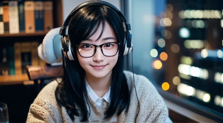Tabletop, highest quality, Japanese girl,One Girl, 8k, RAW Photos, highest quality, Tabletop, んdebtdebt:1.2, Highly detailed RAW color photos, Professional Photos, (Realistic, Realistic:1.37), (Highly detailed skins:1.2), Ultra-high resolution, (Lenz 50mm), (debt/1.2),Exquisitely drawn eyes, Break 24 years old, Black Hair, Long Hair, Glasses, My Room, Wearing headphones, study, study by window, Night view from the window, White beautiful skin, knit, (avert your eyes:1.1) smile