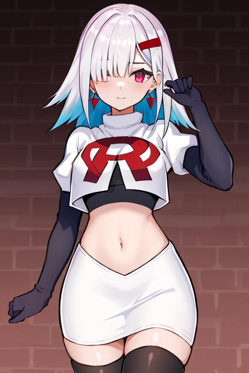 1 girl, alone ,hair covers one eye, hair ornaments ,earrings ,team rocket,team rocket uniform,white skirt,red letter R,crop top,black thigh-highs,black elbow gloves