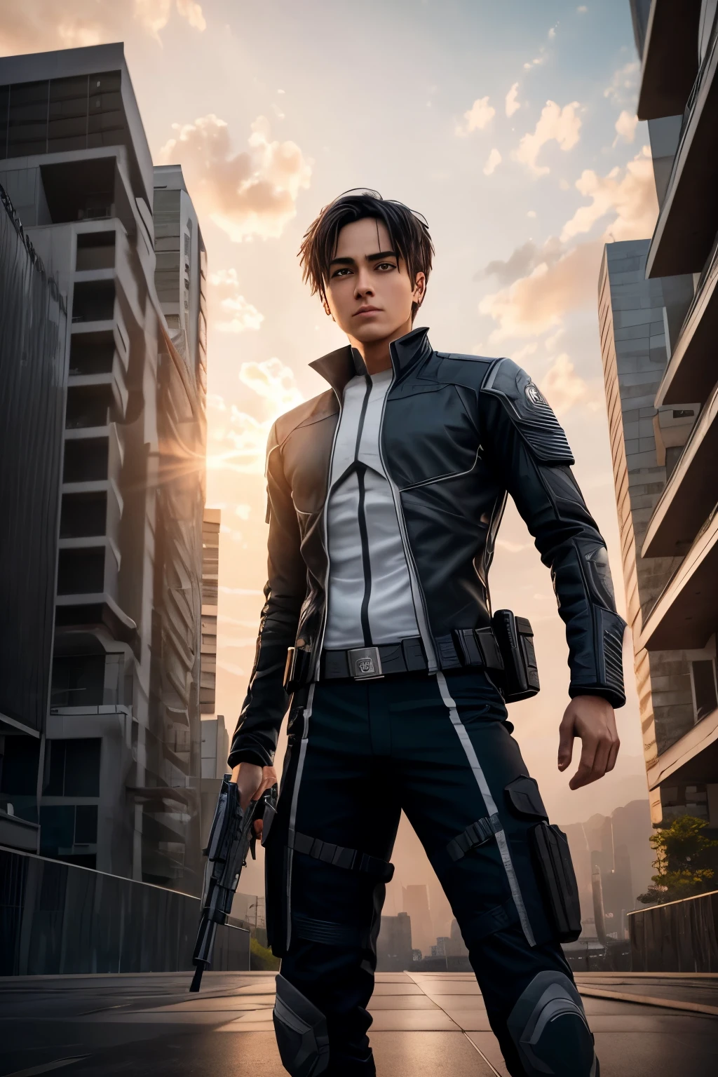 HD wallpaper of Eren Yeager, a 32k cinematic shoot, Set against the backdrop of a futuristic city, Best house in the frame, Hyper-detailed environment: laid-back modern architecture, Sleek curves and reflective surfaces, Extreme detail in textures and lighting, Sunset casting long shadows, Eren standing confidently, Realistic and captivating facial features, Detailed clothing, Suited up in advanced militaristic attire, Photoshopped to perfection, Masterpiece, Highest resolution, Sets trends on Artstation, Shot with a Canon EOS R5, 50mm lens, F/2.8, HDR, Ul