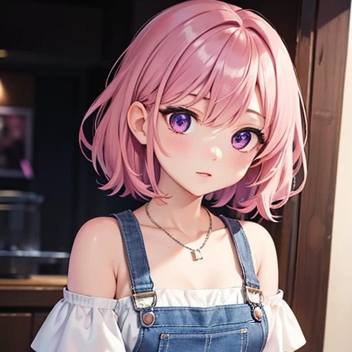 bust shot, woman, adult, pink hair, short-length hair, wavy hair, two purple eyes, a blue overalls, white off shoulder dress, necklace, medium breasts