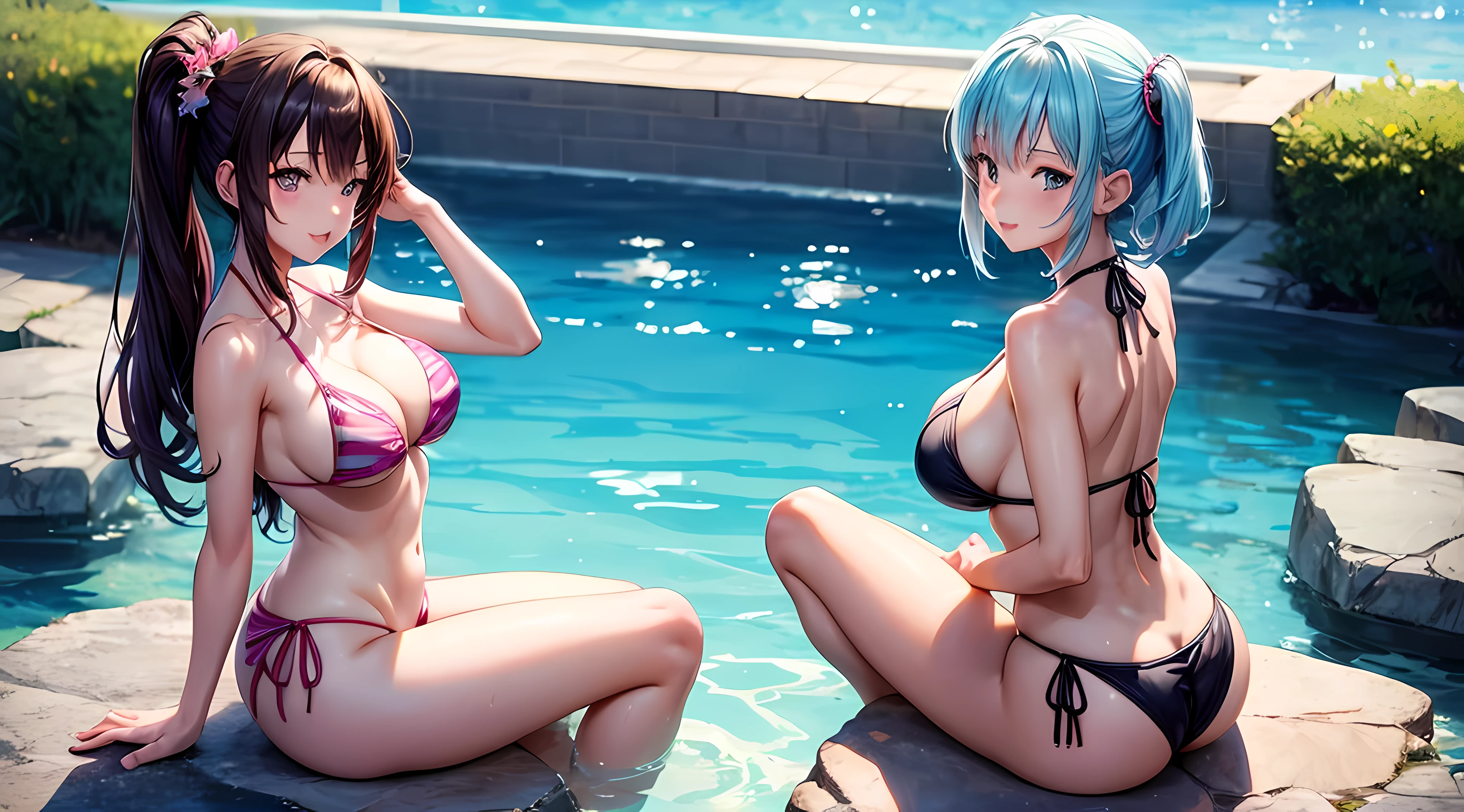 anime girls in bikinis sitting on rocks by a pool, three beautiful anime girls, anime girls, ecchi anime style, ecchi, top rated on pixiv, oppai, at pixiv, pixiv, popular on pixiv, best anime 4k konachan wallpaper, ecchi style, pixiv 3dcg, seductive anime girl