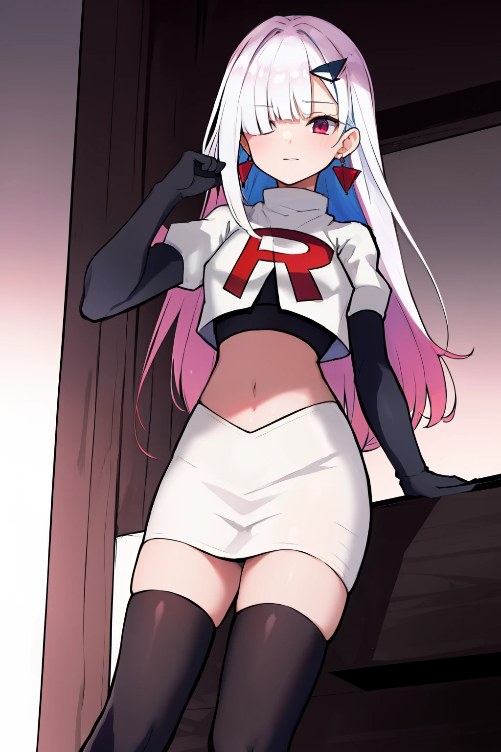 1 girl, alone ,hair covers one eye, hair ornaments ,earrings ,team rocket,team rocket uniform,white skirt,red letter R,crop top,black thigh-highs,black elbow gloves