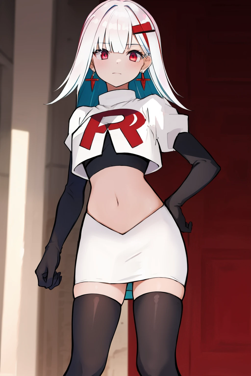 1 girl, alone ,hair covers one eye, hair ornaments ,earrings ,team rocket,team rocket uniform,white skirt,red letter R,crop top,black thigh-highs,black elbow gloves