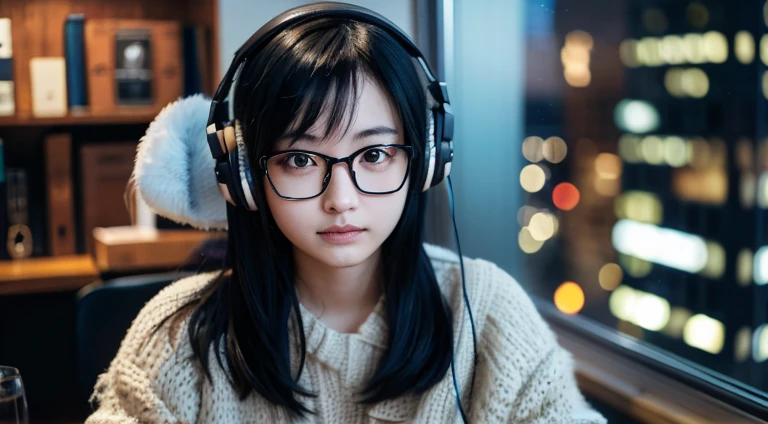 Tabletop, highest quality, Japanese girl,One Girl, 8k, RAW Photos, highest quality, Tabletop, んdebtdebt:1.2, Highly detailed RAW color photos, Professional Photos, (Realistic, Realistic:1.37), (Highly detailed skins:1.2), Ultra-high resolution, (Lenz 50mm), (debt/1.2),Exquisitely drawn eyes, Break 24 years old, Black Hair, Long Hair, Glasses, My Room, Wearing headphones, study, study by window, Night view from the window, White beautiful skin, knit, (avert your eyes:1.1)talk
