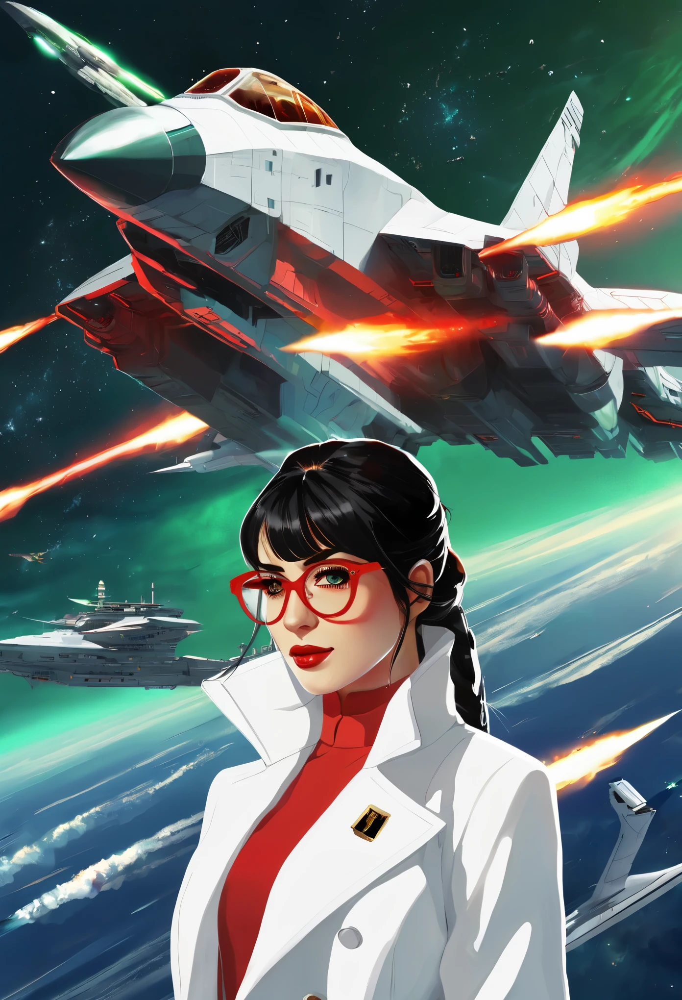HD,Miss,Small size,Black Hair,Double Braid Hairstyle,bang bang,Green Eyes,Red glasses,Wear formal clothing,,White coat,Dark Expression,warship,, Futurism, Science fiction, warplane, space, war