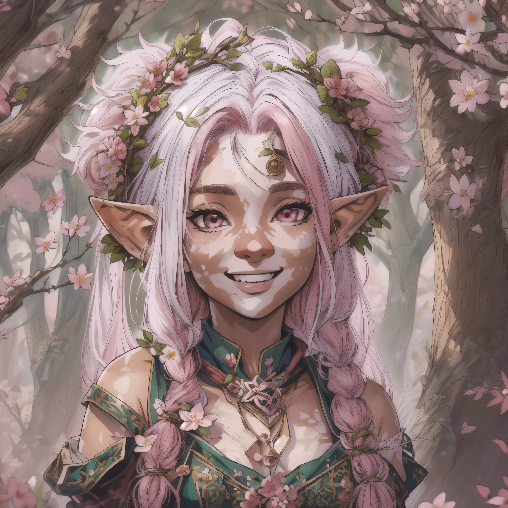 (extremely detailed), (high resolution), (8K), (extremely detailed), Full body Shot, female, young, (D&D gnome), ((pink hair with lock of white hair)), smiling, flower crown, wearing druid clothes, (vitiligo skin), Background: sunny cherry blossom forest.