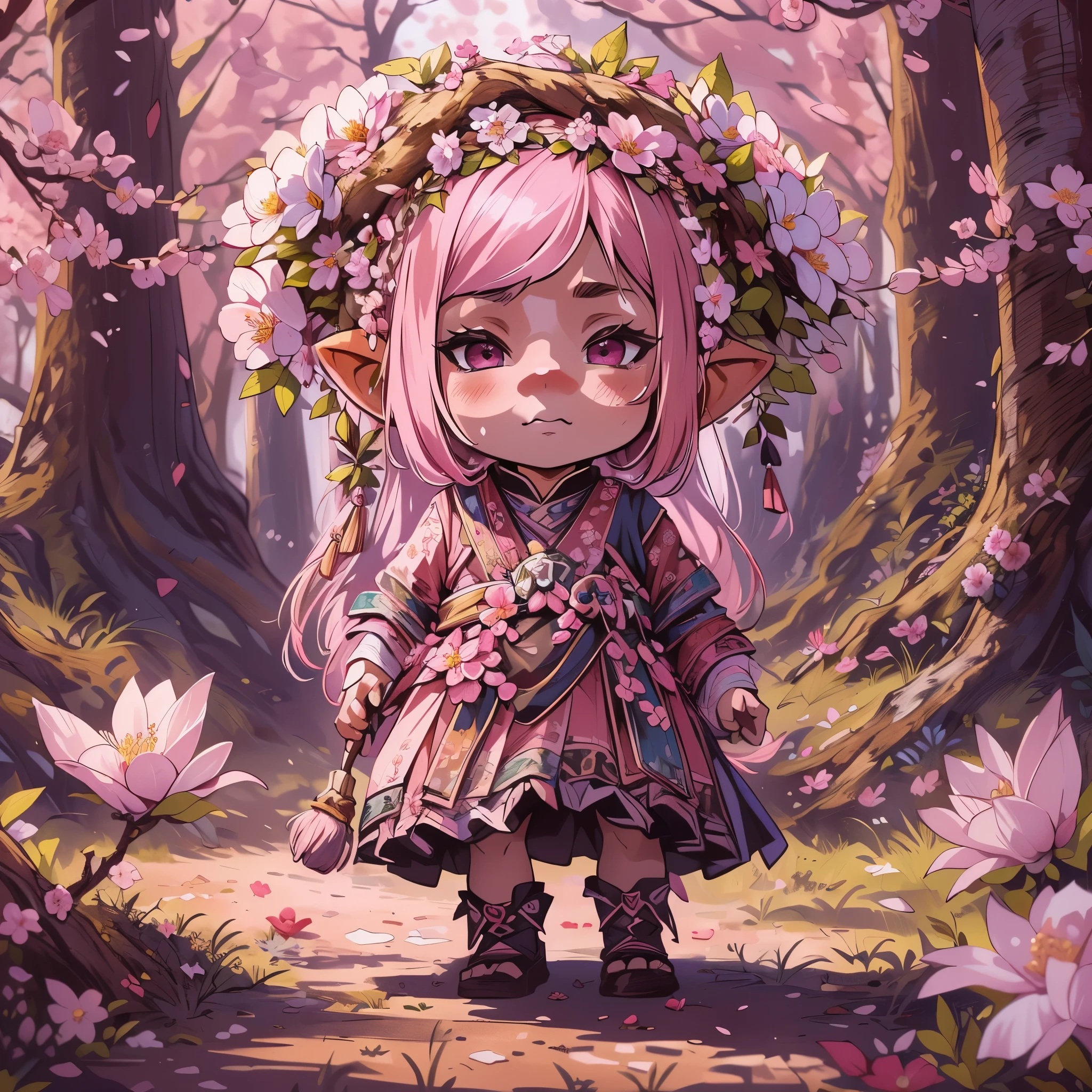 (extremely detailed), (high resolution), (8K), (extremely detailed), Full body Shot, female, young, gnome, midget, pink hair with white lock, flower crown, wearing druid clothes, Background: sunny cherry blossom forest.