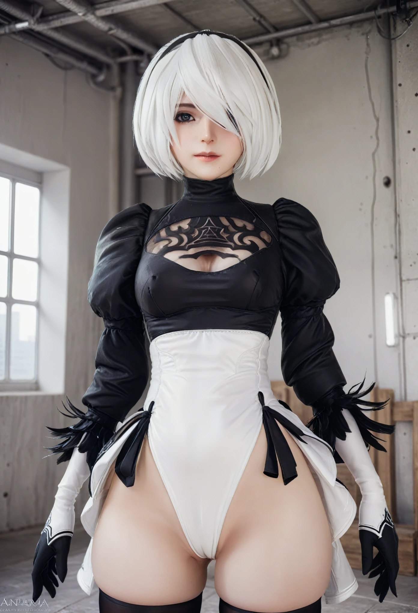 Real Photos、nier:Beautiful cosplay of 2B from Automata、2B、A woman cosplaying as 2B、White skin、tall、Great style、Big Breasts、Small face、High nose、Sharp Eye、Beautiful Face、Beautiful face、30 years old、British women、Half British、nier:2B's black costume from Automata、Light background、Blur the background、Fantasyな都市を背景に、Strong pose、Shooting from a diagonal angle、masterpiece、highest quality、high resolution、Cosplayer Photos、Professional Photos、Fantasy、Glaring at the camera、Cosplay makeup style、Real Cosplay Photo、Cool and beautiful photos、Portrait、Wrapped in a pale white glow、like、happiness、good looking