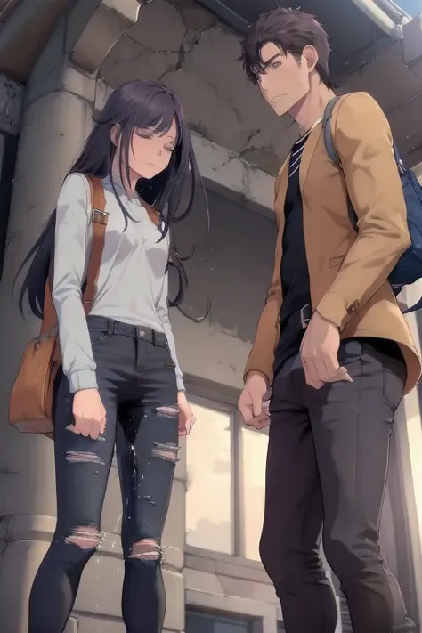 (a young boy:1.25), (a girl:1.1), a man and sakaki yumiko wearing denim jeans and a casual sweatshirt, both individuals have a d...