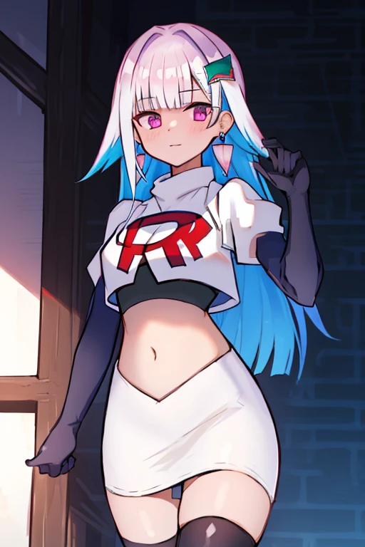 1 girl, alone ,hair covers one eye, hair ornaments ,earrings ,team rocket,team rocket uniform,white skirt,red letter R,crop top,black thigh-highs,black elbow gloves