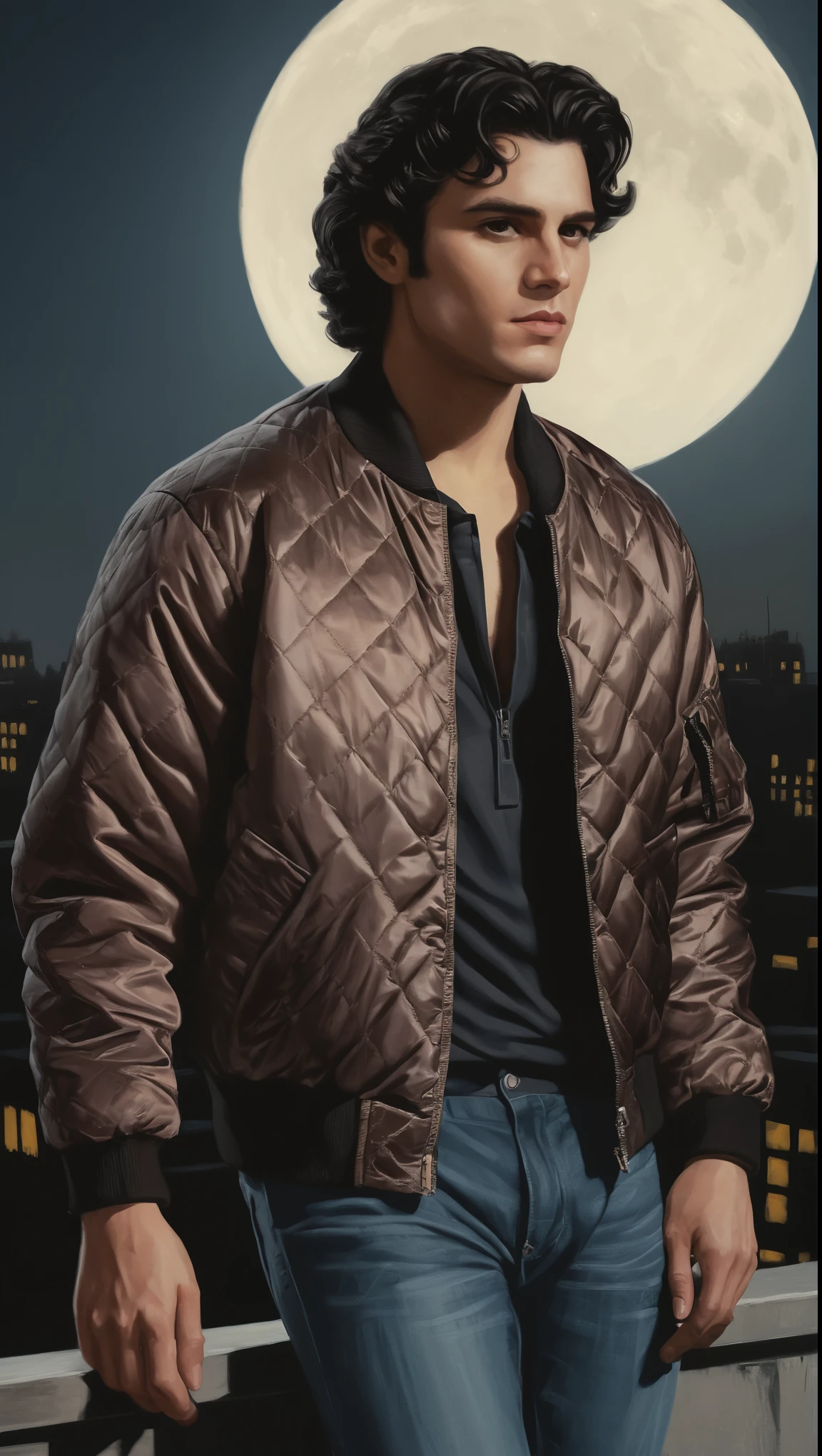 An illustrated movie poster, hand-drawn, full color, a vigilante man, 30 years-old, wearing a diamond quilted satin bomber jacket, stocky, soft doughy physique, deep brown eyes, wide bulbous nose, full lips, black hair, curly hair, thick bushy eyebrows, extremely hairy chest, stomach, and arms, lots of body hair, posing on a moonlit rooftop, hard shadows, graphite shading, stencil markings, airbrushed acrylic paint, masterpiece, in the style of Rockstar Games