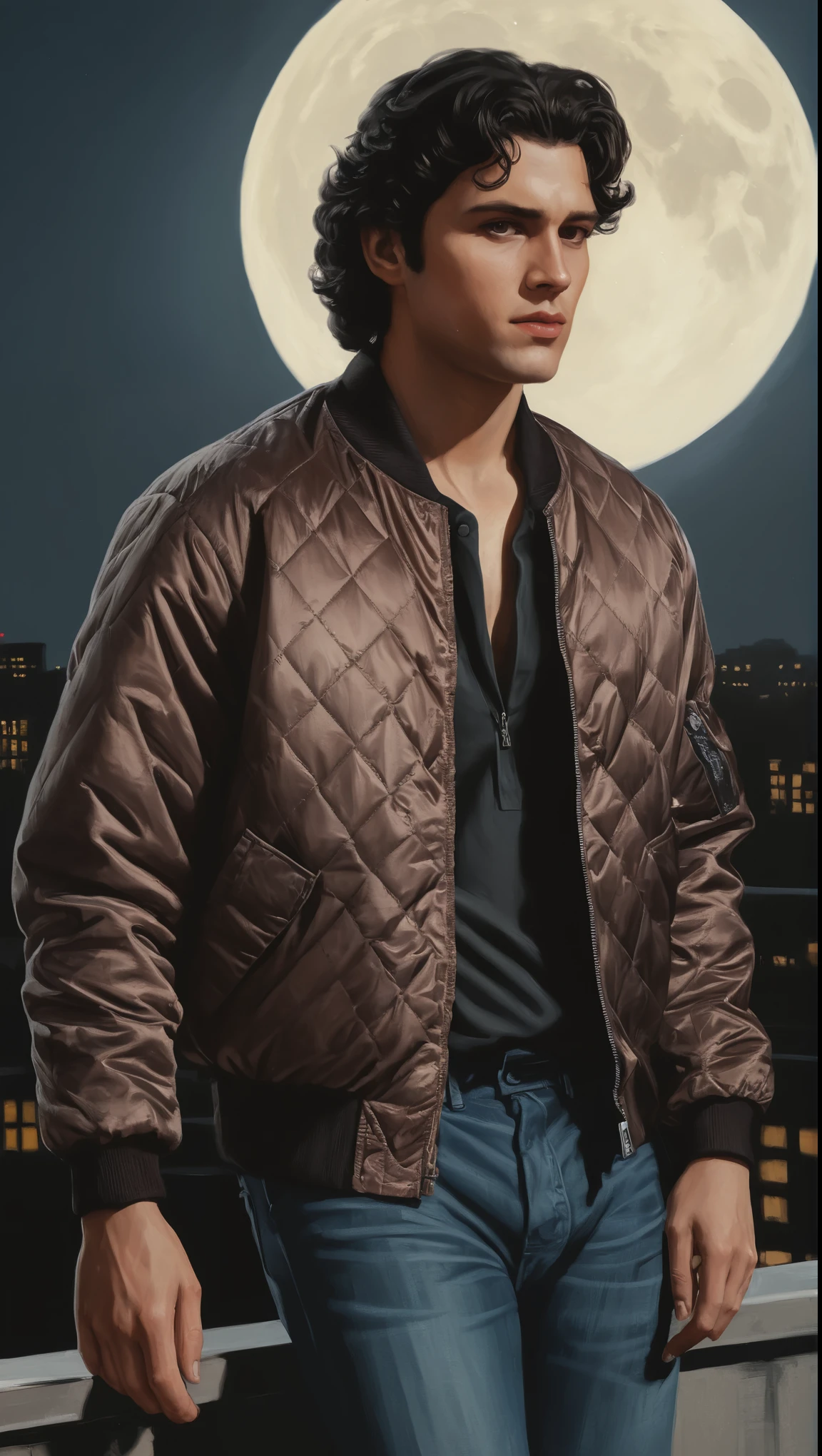 An illustrated movie poster, hand-drawn, full color, a vigilante man, 30 years-old, wearing a diamond quilted satin bomber jacket, stocky, soft doughy physique, deep brown eyes, wide bulbous nose, full lips, black hair, curly hair, thick bushy eyebrows, extremely hairy chest, stomach, and arms, lots of body hair, posing on a moonlit rooftop, hard shadows, graphite shading, stencil markings, airbrushed acrylic paint, masterpiece, in the style of Rockstar Games