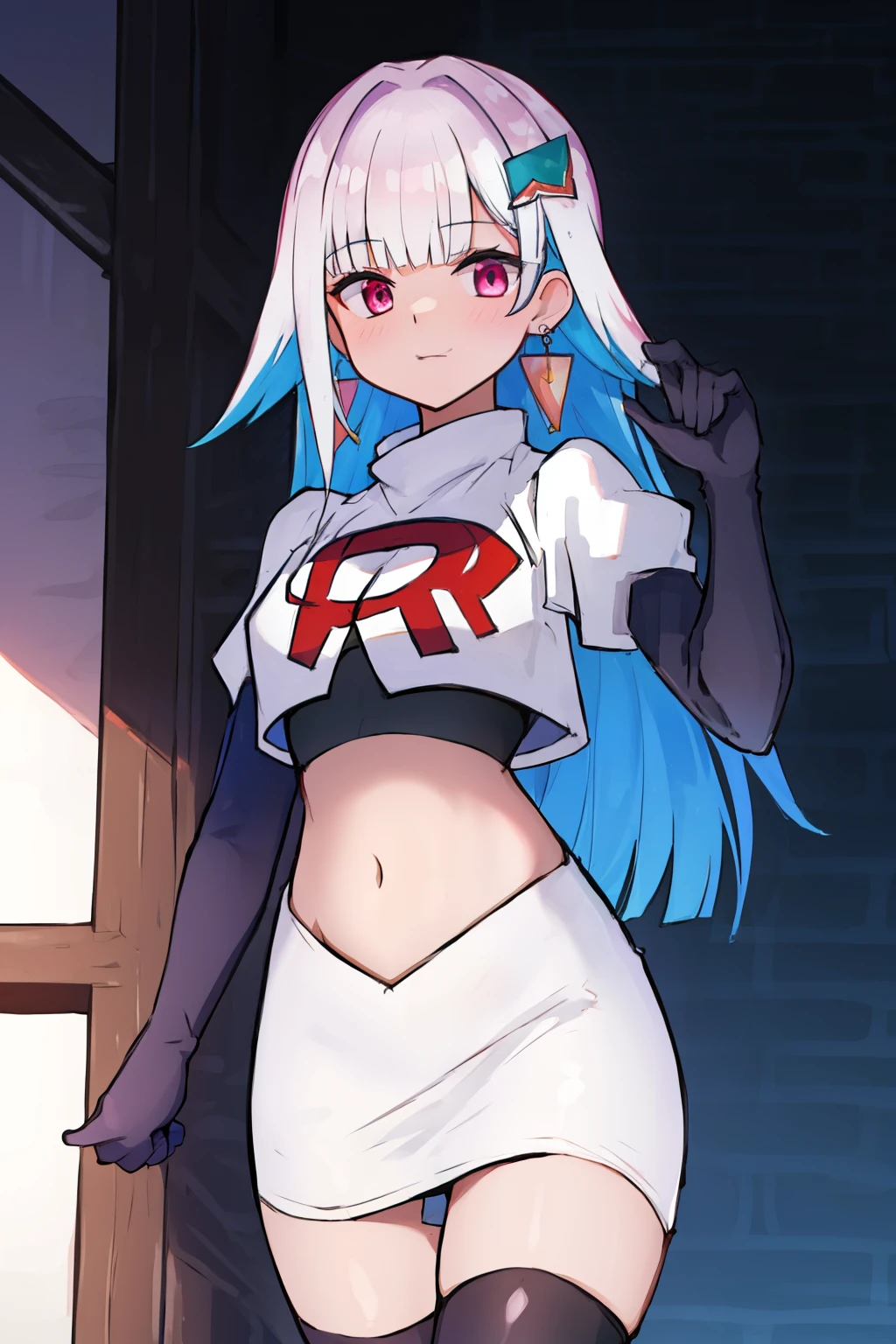 1 girl, alone ,hair covers one eye, hair ornaments ,earrings ,team rocket,team rocket uniform,white skirt,red letter R,crop top,black thigh-highs,black elbow gloves