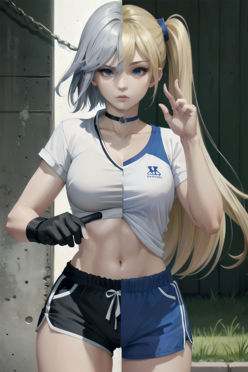 ((ultra detailed, masterpiece, absurdres))
SplitScreen, split screen, {{{SplitScreen, split screen, DOAHelena, 1girl, long hair, blonde hair, in training wears, choker, blue choker, Sport shirt, White shirt, Blue trim, the shirt is tied, watch on the wrist, Sport shorts, Blue Shorts}}}