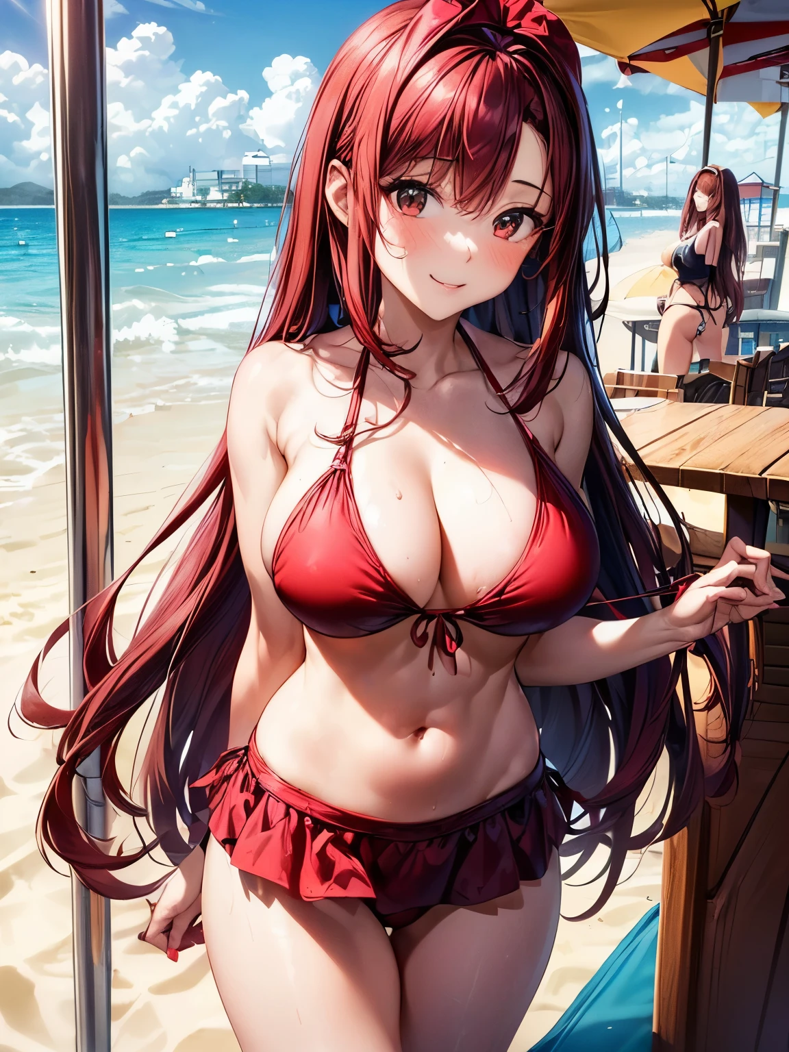 highest quality、Nice sexy body、One Woman、(solo)、((Beautiful busty woman:1.6))、(((Woman with dark red hair:1.3)))、Long hair woman、(((Woman in bikini waitress uniform at beach house:1.3)))、smile