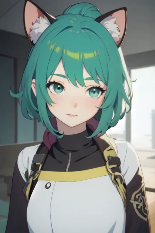 un primer plano de una persona con cabello verde y cuernos, chica elfa, chica anime con orejas de gato, estilo animado 4 k, estilo animado. 8k, Moe anime art style, hecho con estudio de pintor anime, obra de arte al estilo de guweiz, realistic anime art style, tendencia en artstation pixiv, high quality anime art style, mikudayo