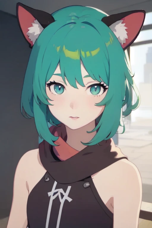 un primer plano de una persona con cabello verde y cuernos, chica elfa, chica anime con orejas de gato, estilo animado 4 k, estilo animado. 8k, Moe anime art style, hecho con estudio de pintor anime, obra de arte al estilo de guweiz, realistic anime art style, tendencia en artstation pixiv, high quality anime art style, mikudayo