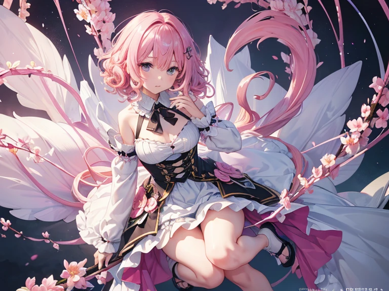 Character Ideas、design sheet、About one girl、Super beautiful girl、ultra-detailed、(8k, RAW photo, best quality, masterpiece:1.2), (extremely detailed 8k wallpaper),professional lighting,sharp focus, depth of field、nfws,((Pink fluffy short bob、rainbow colored curl hair、Curly hair))、Flower Hair Ornaments、one piece、Knee-high socks on one leg、flower sandaledium breast,(Correct number of upper limbs、Correct number of fingers)