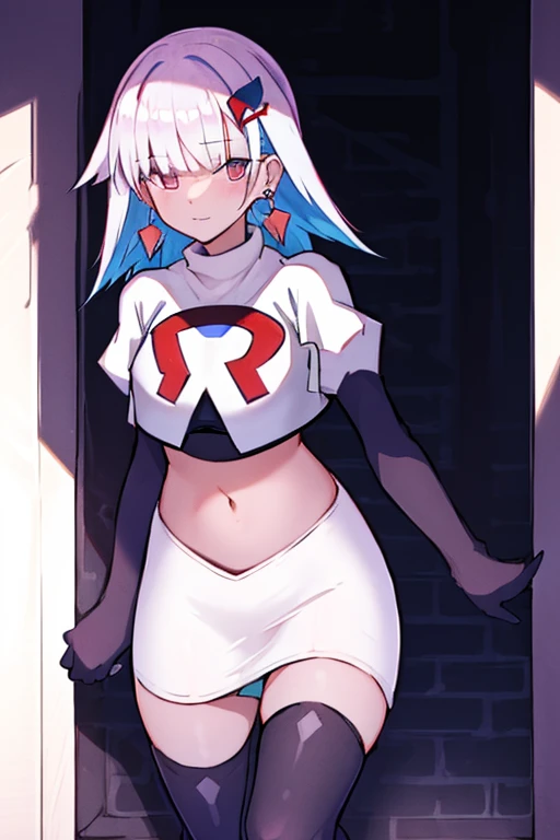 1 girl, alone ,hair covers one eye, hair ornaments ,earrings ,team rocket,team rocket uniform,white skirt,red letter R,crop top,black thigh-highs,black elbow gloves