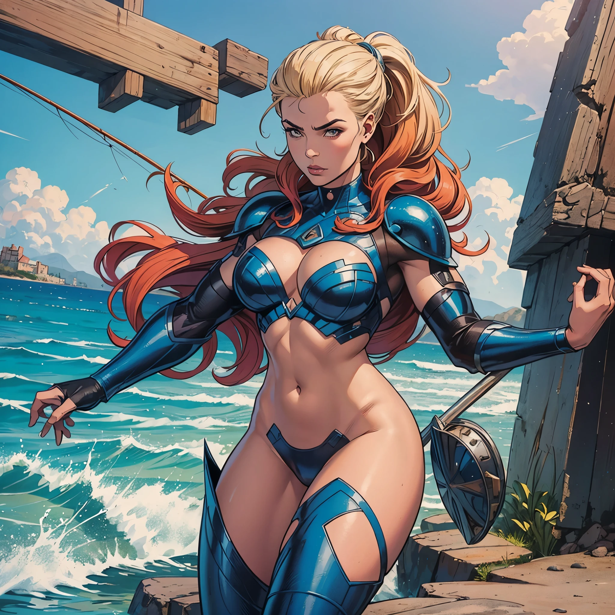 A GIRL with a future suit she has armor and is ready for any thing, strong fighter, beautiful face location La Venus Beach a central point between the old fishing port and the Marbella Marina