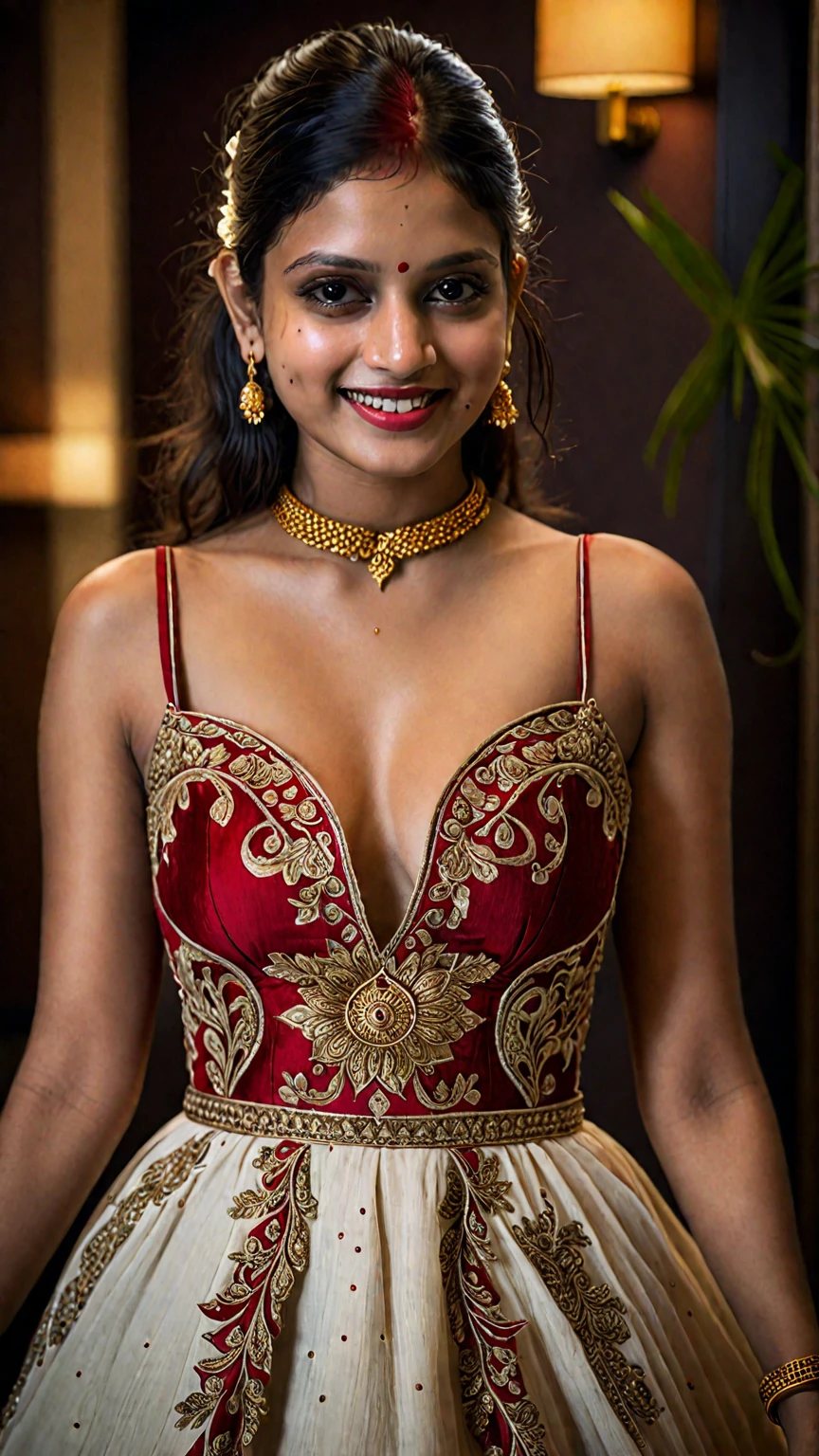 (editorial photograph of a young indian women in closup shoot of vedika), karla ortiz, (highly detailed face:1.4) (smile:0.7) (backround 5 star hotel , moody, private study:1.3) POV, by lee jeffries, nikon d850, film stock photograph ,4 kodak portra 400 ,camera f1.6 lens ,rich colors ,hyper realistic ,lifelike texture, earing white dress with red border, dramatic lighting , cinestill 800, realistic,  seductive big  actress, karla ortiz, posing!!, candid picture, by Max Dauthendey,