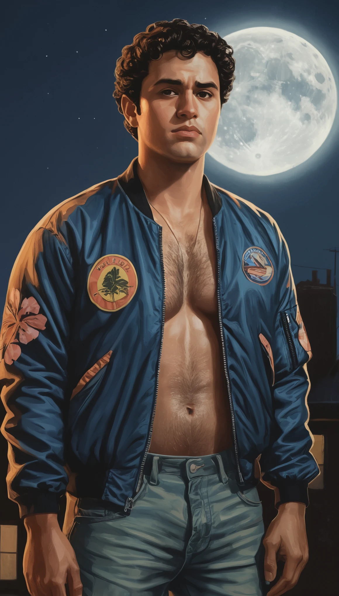 An illustrated movie poster, hand-drawn, full color, a vigilante man, 30 years-old, wearing a bomber jacket and a Hawaiian shirt, stocky, soft doughy physique, deep brown eyes, wide bulbous nose, full lips, black hair, curly hair, thick bushy eyebrows, extremely hairy chest, stomach, and arms, lots of body hair, posing on a moonlit rooftop, hard shadows, graphite shading, stencil markings, airbrushed acrylic paint, masterpiece, in the style of Rockstar Games