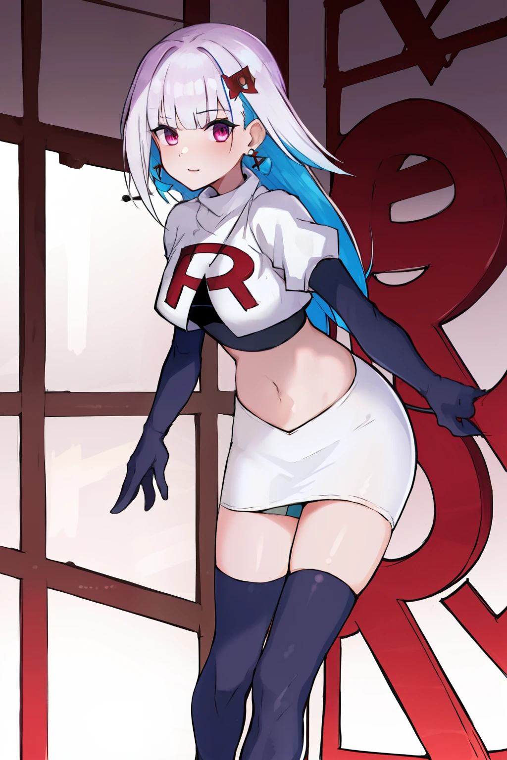 1 girl, alone ,hair covers one eye, hair ornaments ,earrings ,team rocket,team rocket uniform,white skirt,red letter R,crop top,black thigh-highs,black elbow gloves