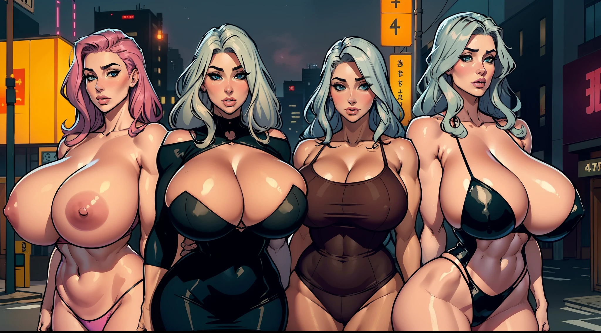 MILF, 3 girls, big breasts, giant breasts, huge round fake breasts, mature woman, with ((((( huge fake breasts:43.7 ))))) heavy breasts, long BLUE and SILVER hair, light-skinned woman, with a close-fitting BLACK dress, with a low neckline on the chest, green eyes, a large and curvy waist, with large and well-defined back muscles, triceps and biceps arms, shoulders, back, thighs and calves, with a well-defined abdomen , in the background the center of Tokyo in the city, with an advertisement in the background and out-of-focus lights, full breasts, breasts bigger than your head, mature face, curvy woman, thick thighs, voluptuous woman, soft breasts, mommy breasts, nice pink, dyed hair, many hairstyles, being one, pantyhose with panties hanging, looking at each other, mouth kissing one of the breasts