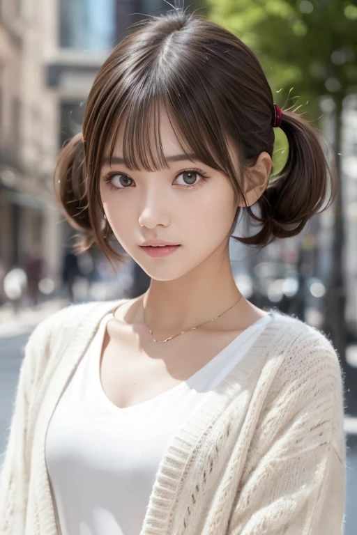 One Girl, (Beautiful girl, Delicate girl:1.3), (20-year-old:1.3),  (White blouse:1.3), (Cream colored cardigan:1.3), Very fine grain definition, (Symmetrical eyes:1.3), (Street Snap:1.3), perfectly trimmed fingers, Slightly larger breasts, Brown eyes, Parted bangs, Brown Hair, (short hair, Twin tails:1.3), (Eyes and facial details:1.0), (masterpiece, highest quality, Super detailed, Detailed face, 8k)