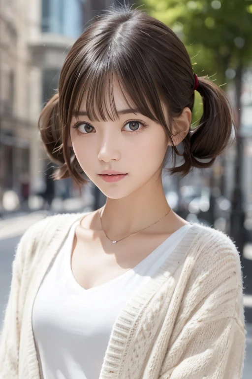One Girl, (Beautiful girl, Delicate girl:1.3), (20-year-old:1.3), (White blouse:1.3), (Cream colored cardigan:1.3), Very fine grain definition, (Symmetrical eyes:1.3), (Street Snap:1.3), perfectly trimmed fingers, Slightly larger breasts, Brown eyes, Parted bangs, Brown Hair, (short hair, Twin tails:1.3), (Eyes and facial details:1.0), (masterpiece, highest quality, Super detailed, Detailed face, 8k)