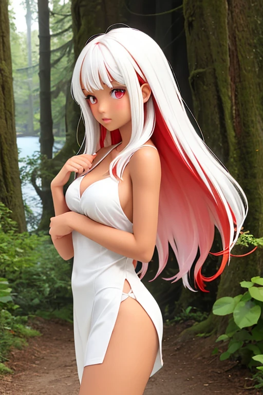 super high quality,3D anime style,A -yeld fee,Long white hair,Beautiful red eyes,Long white eyelashes，Brown skin，Completely naked，Very large breasts,Squatting and spreading legs,Beautiful Vagina，