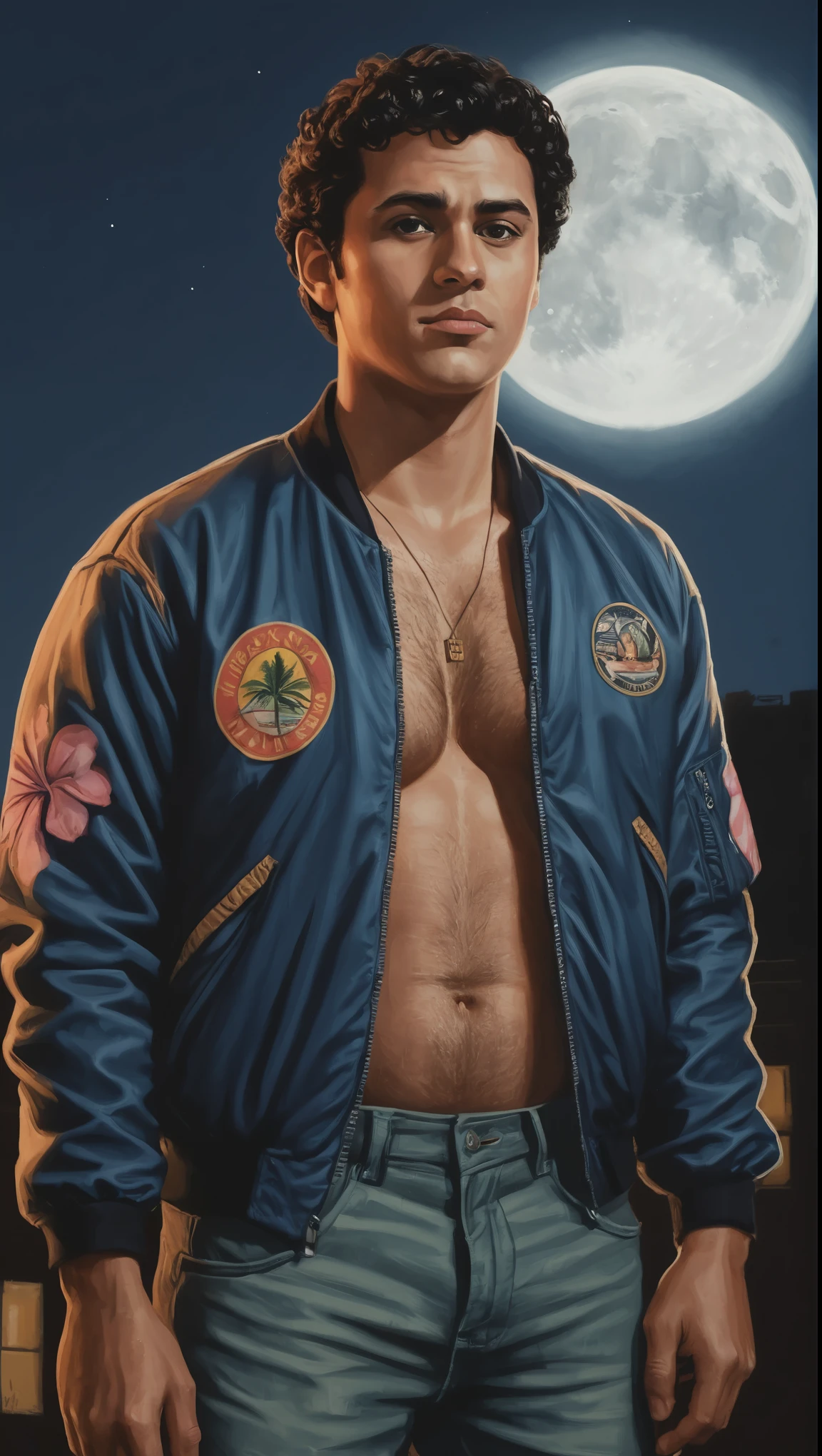 An illustrated movie poster, hand-drawn, full color, a vigilante man, 30 years-old, wearing a bomber jacket and a Hawaiian shirt, stocky, soft doughy physique, deep brown eyes, wide bulbous nose, full lips, black hair, curly hair, thick bushy eyebrows, extremely hairy chest, stomach, and arms, lots of body hair, posing on a moonlit rooftop, hard shadows, graphite shading, stencil markings, airbrushed acrylic paint, masterpiece, in the style of Rockstar Games 