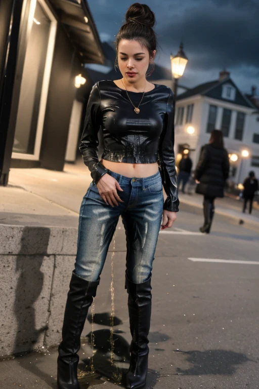 anime, highres, beautiful women, high detail, good lighting, lewd, hentai, (no nudity), (((jeans))), ((tight leather top)), (((leather thigh high boots))), bare midriff, ((wet crotch)), (((peeing herself))), (((wetting herself))), ((((peeing self))), (pee streaming down legs), peeing stain, (puddle), (thick thighs), nice long legs, lipstick, detailed face, pretty face, hair tied up, embarrassed blushing face, humiliated, ((on sidewalk at night)), high heels, ((standing))